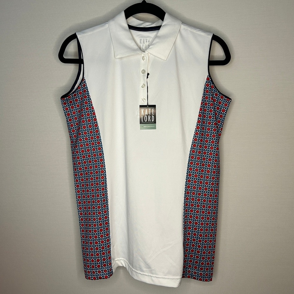 Kate Lord Performance Sleeveless Golf Polo Shirt White Geometric S NWT Sporty